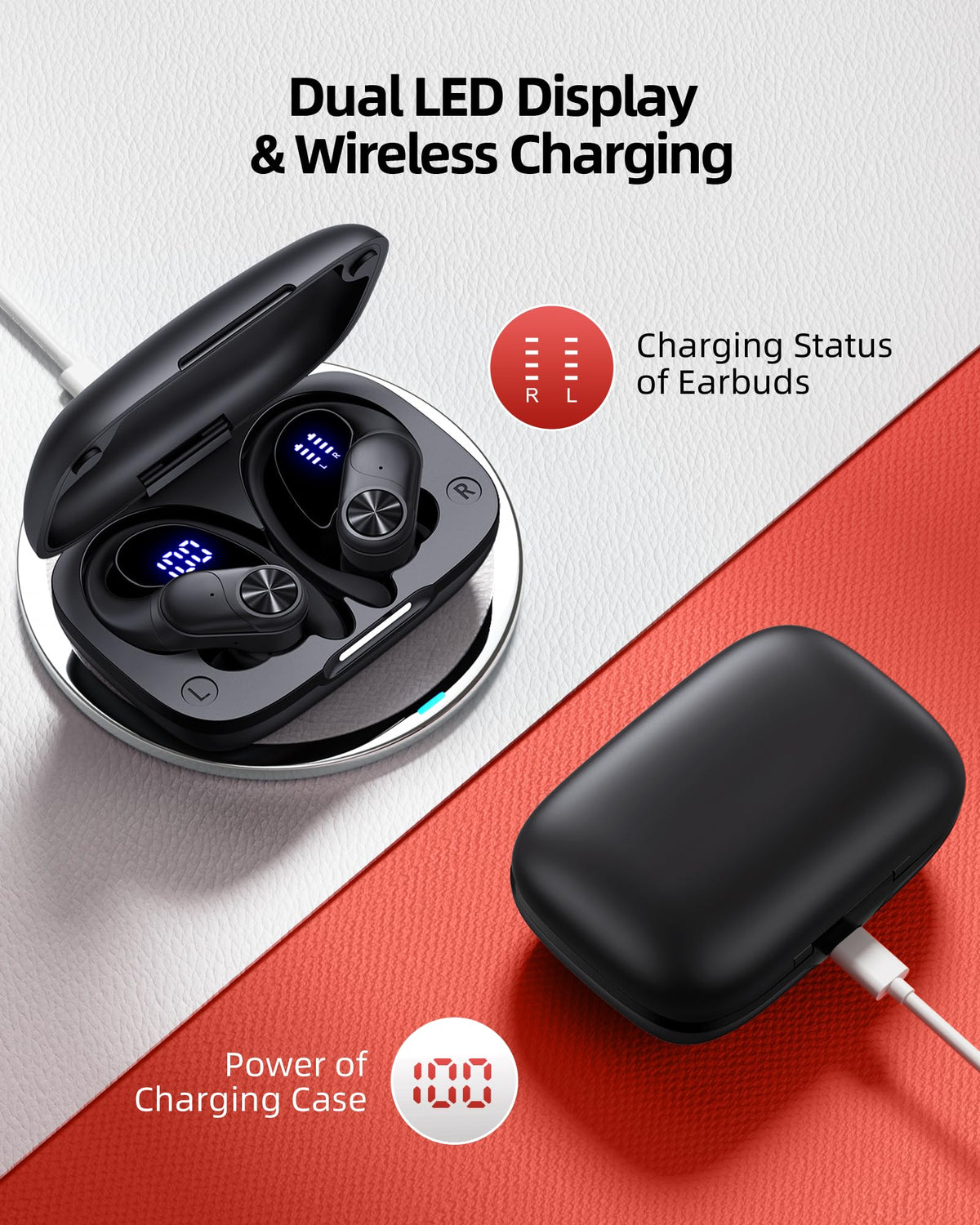PocBuds Bluetooth Headphones Wireless Earbuds 80hrs Playtime Wireless Charging Case Digital Display Sports Ear Buds with Earhook Deep Bass IPX7 Waterproof Over-Ear Earphones for TV Phone Laptop Pink
