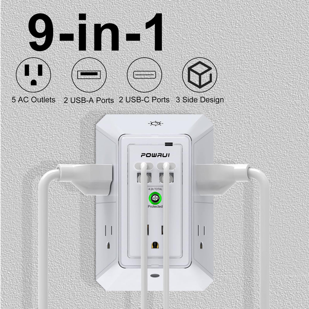 Multi Plug Wall Outlet Night Light, POWRUI 6 Outlet Extender & 3 USB Ports
