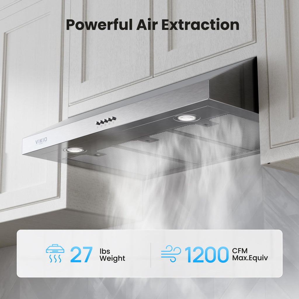 VIKIO HOME Under Cabinet Range Hood 30 Inch, 1200 CFM Dual-Motor Kitchen Vent with LED Lights, Button Control, Ducted Stainless Steel Vent Hood, Reusable 5-Layer Aluminum Filters, Black