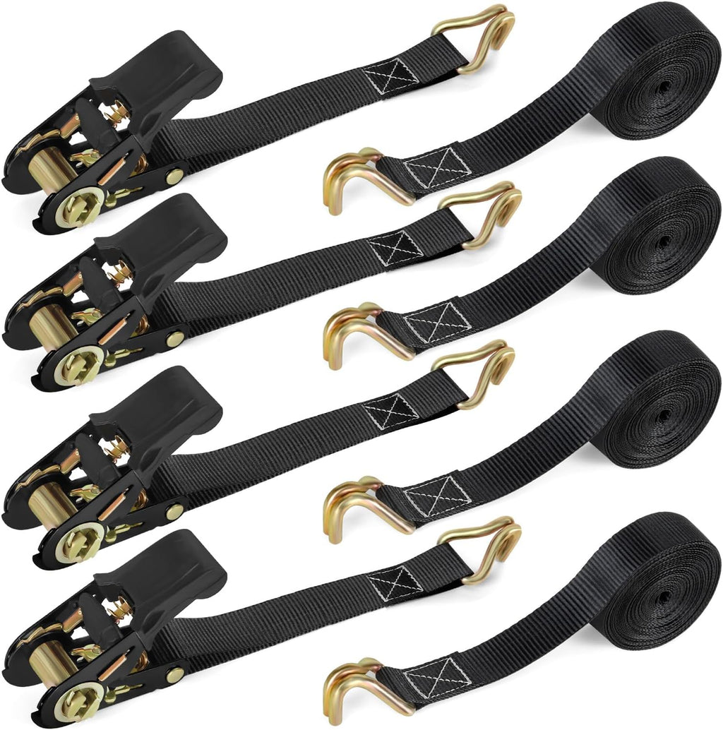 Ratchet Straps with Hook, 6M x 25MM, Heavy Duty, 4 Pack/Black
