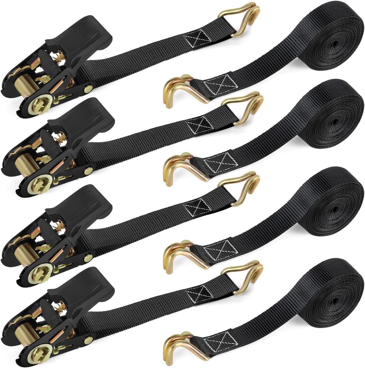 Ratchet Straps with Hook, 6M x 25MM, Heavy Duty, 4 Pack/Black