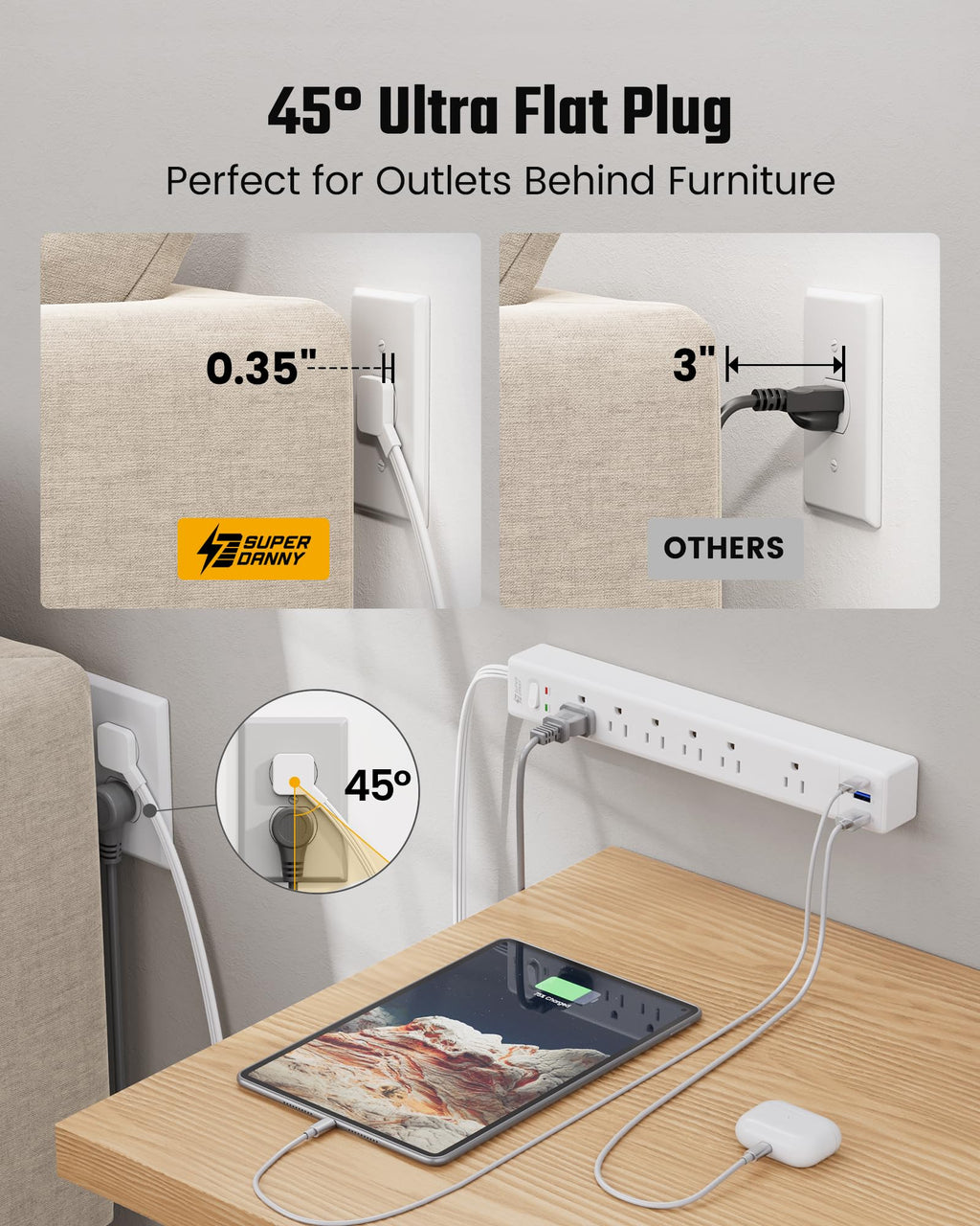 SUPERDANNY 6Ft Thin Extension Cord, Flat Plug Surge Protector Power Strip