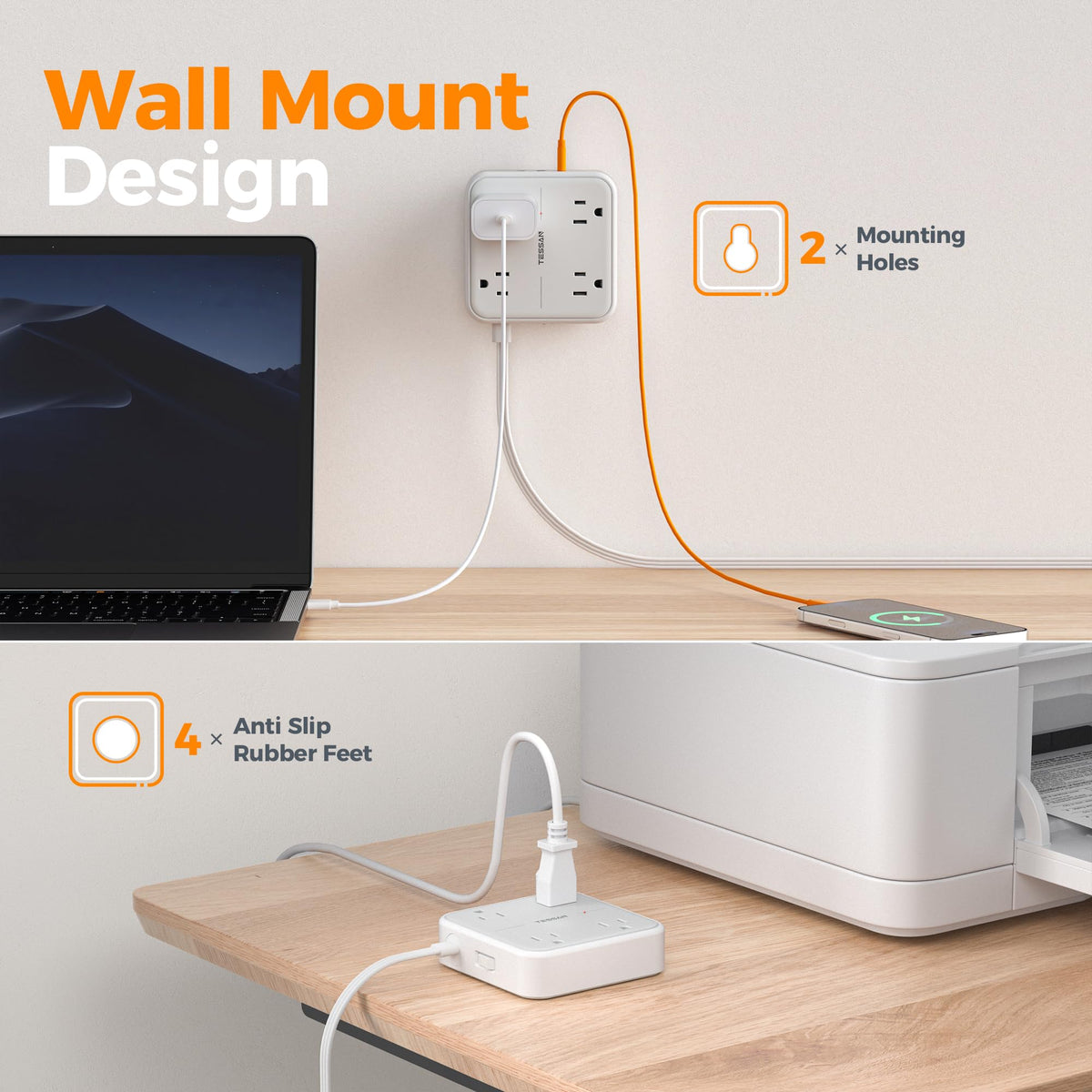 TESSAN PD 20W Surge Protector Extension Cord 5Ft, Flat Plug Power Strip