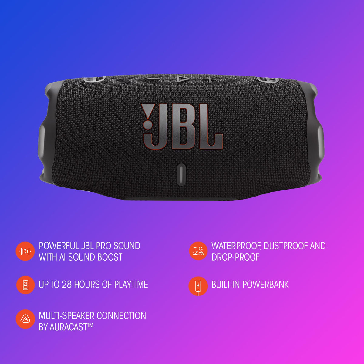 JBL Charge 6 - Portable Waterproof & DropProof Bluetooth Speaker (Black)