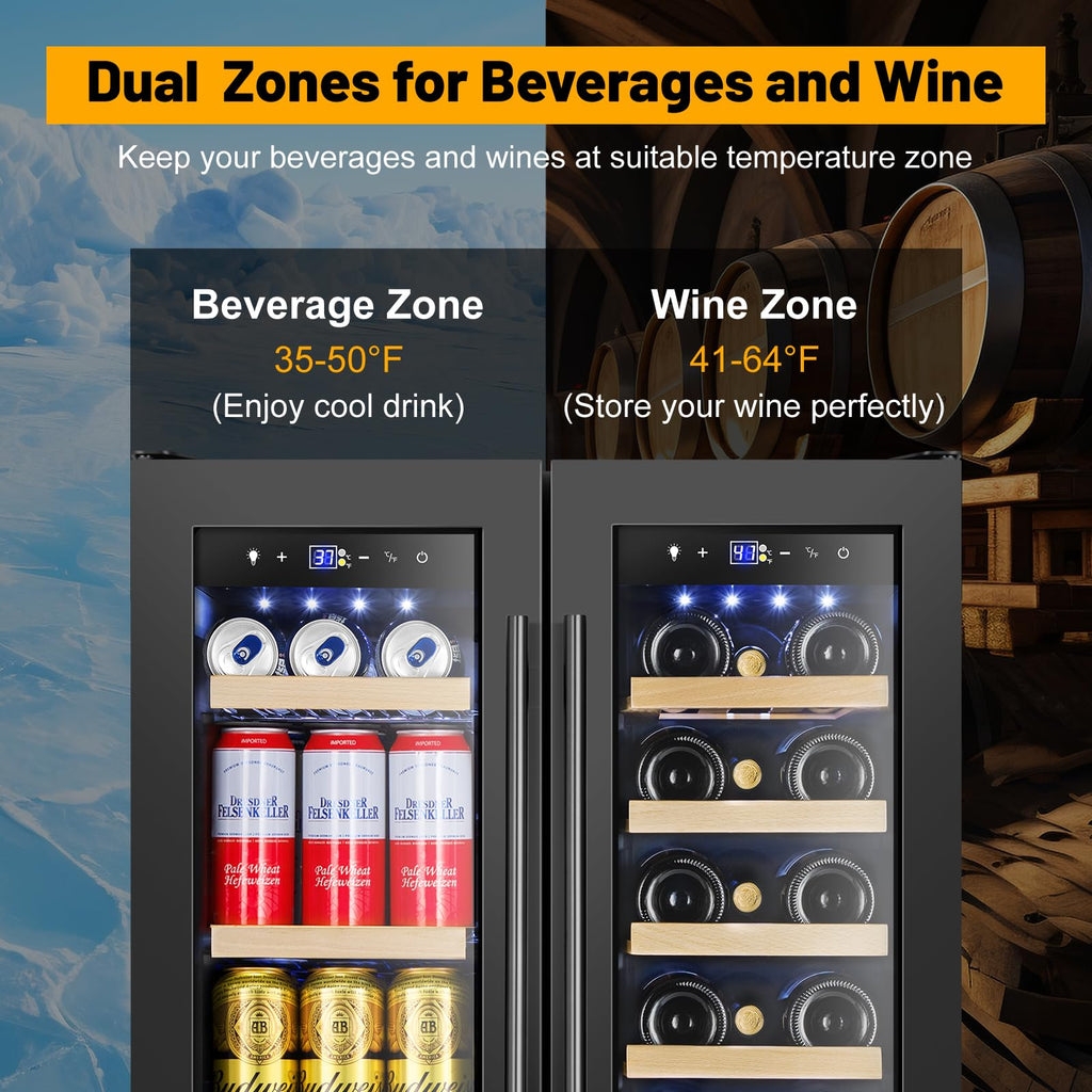 24" Dual Zone Wine and Beverage Refrigerator, Under Counter with Glass Door