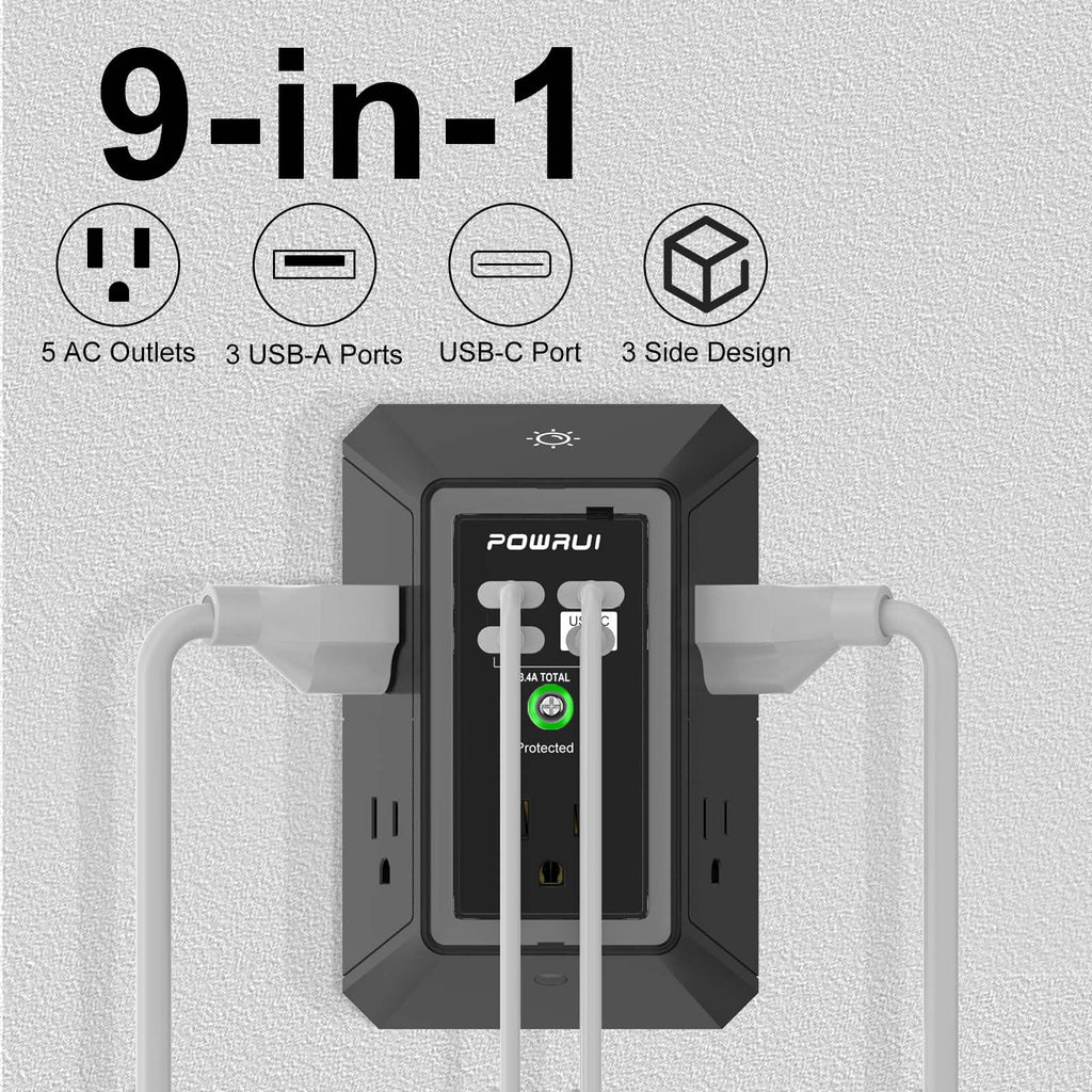 Multi Plug Wall Outlet Night Light, POWRUI 6 Outlet Extender & 3 USB Ports