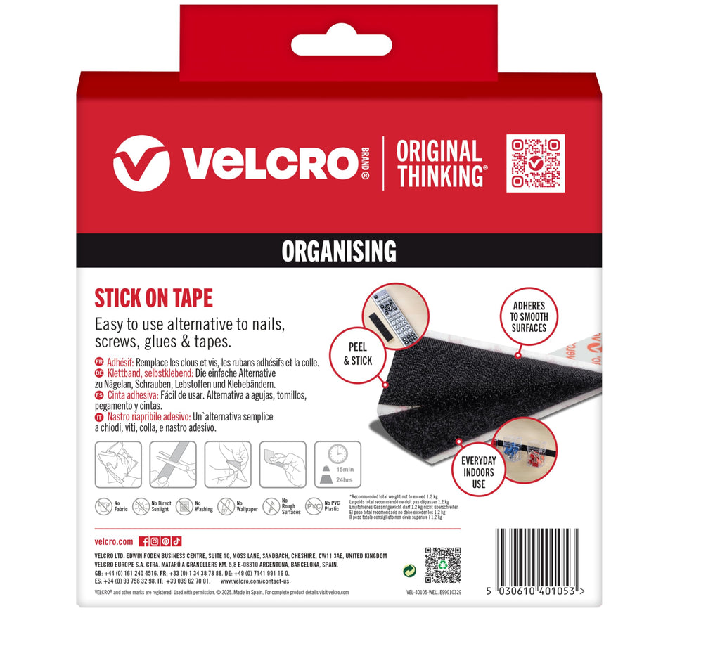 VELCRO Brand Stick On Tape Cut-to-Length Strong Hook & Loop Self Adhesive Sticky Tape Perfect for Room Décor & Home, Office, Garage Use Black 20mm x 50cm
