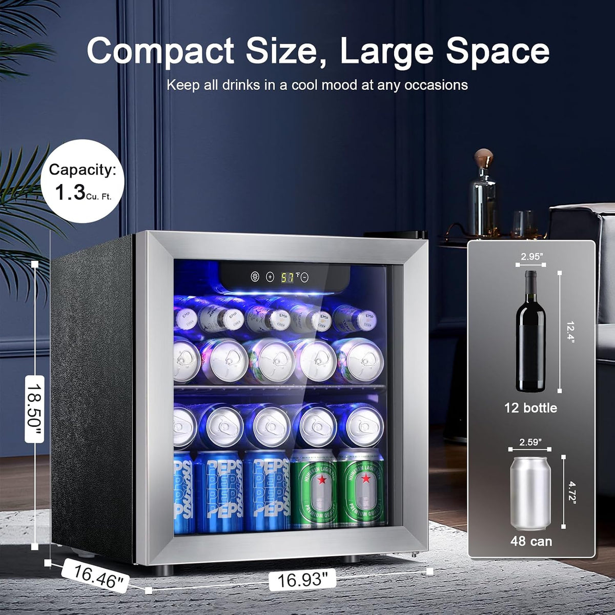 Antarctic Star Beverage Refrigerator Cooler 68 Can, Mini Fridge with Glass Door for Beer Drinks Wine,Freestanding Small Fridge with Electronic Temperature Control for Home and Bar,1.7 cu.ft