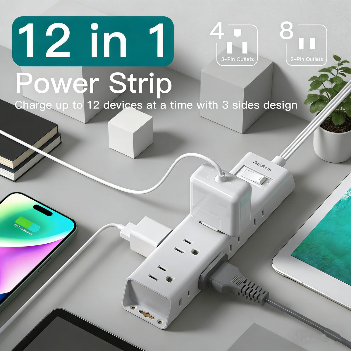 Flat Plug Power Strip, Ultra Thin Flat Extension Cord - 12 Outlets 3 Sides