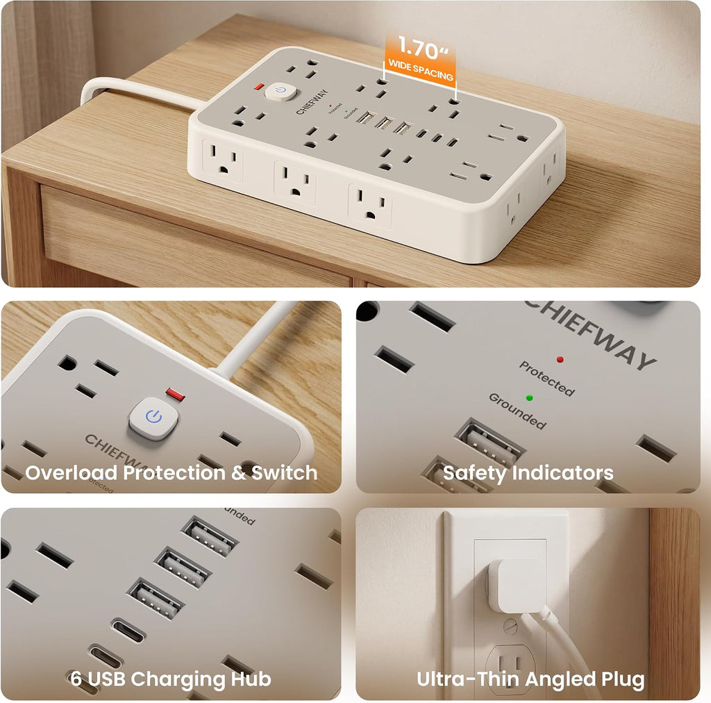 6 FT Surge Protector Power Strip with 6 USB, 16 Outlets, 2400J