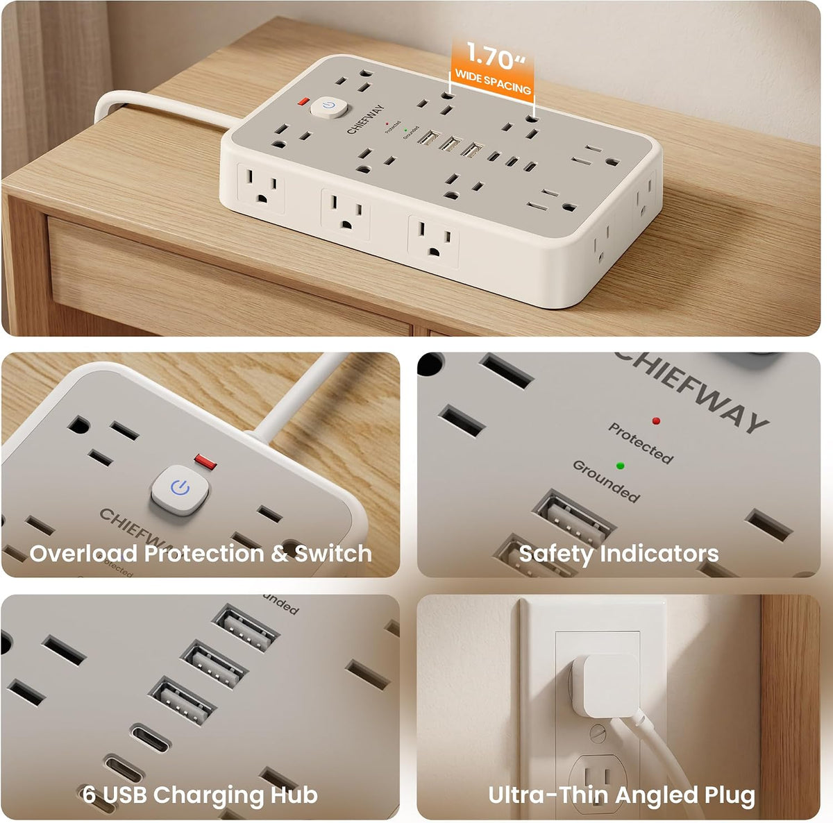 6 FT Surge Protector Power Strip with 6 USB, 16 Outlets, 2400J