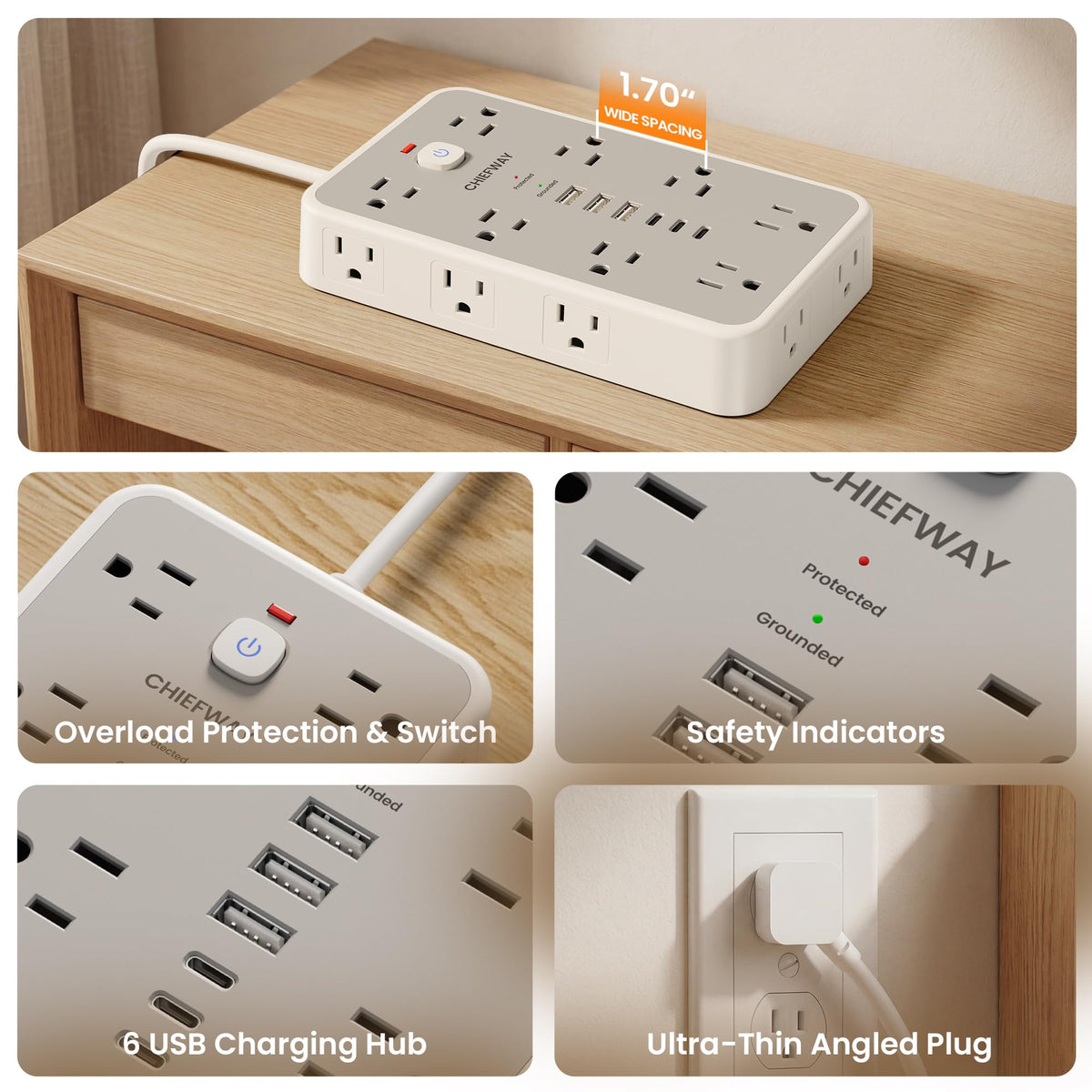 6 FT Surge Protector Power Strip with 6 USB, 16 Outlets, 2400J