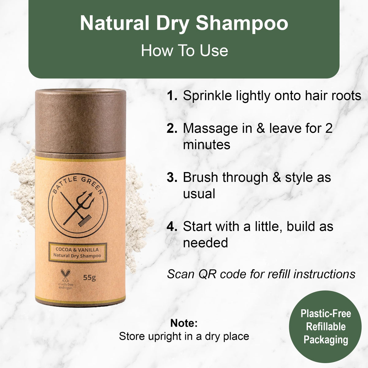 Battle Green Natural Dry Shampoo Powder 55g Tube (Mint and Tea Tree)