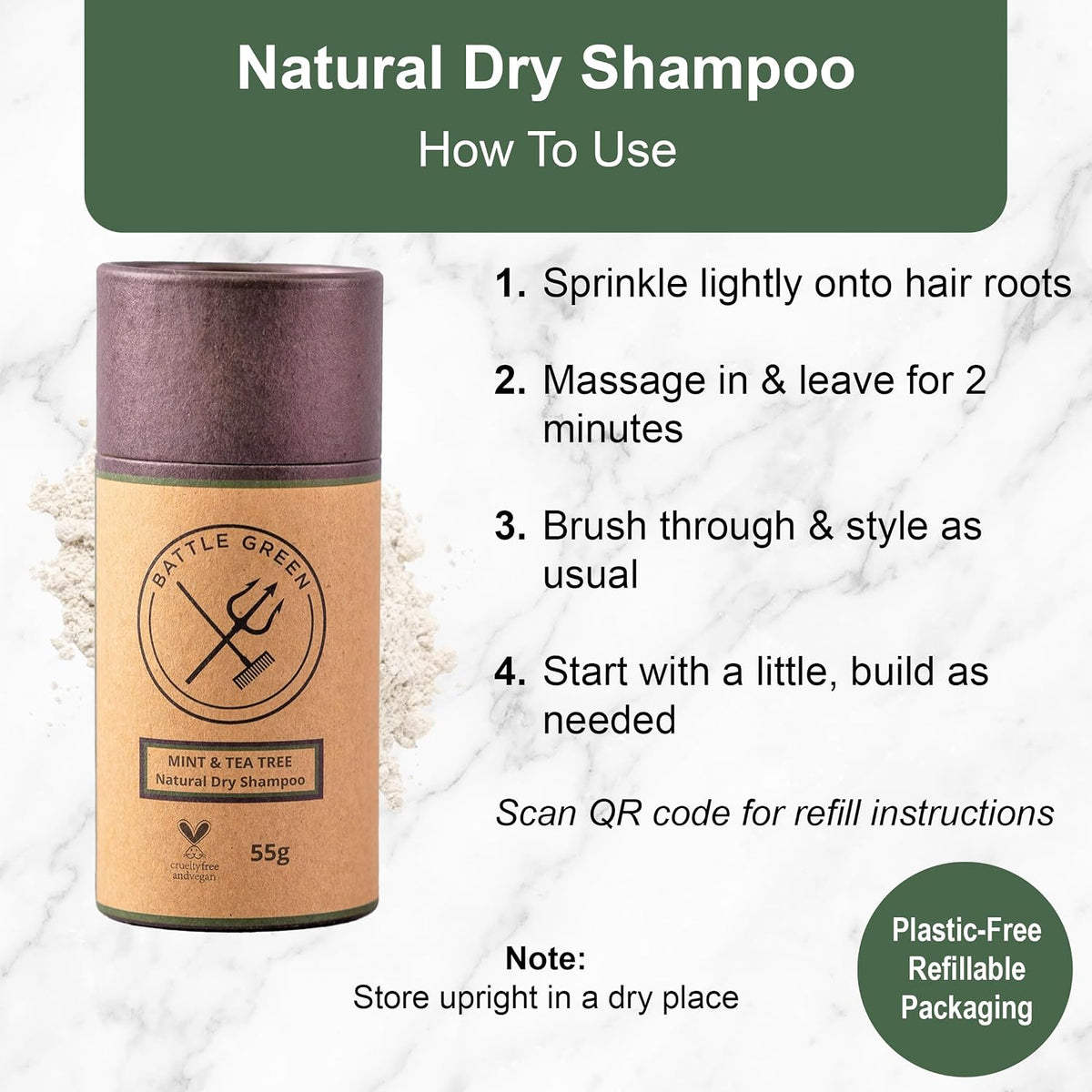 Battle Green Natural Dry Shampoo Powder 55g Tube (Mint and Tea Tree)