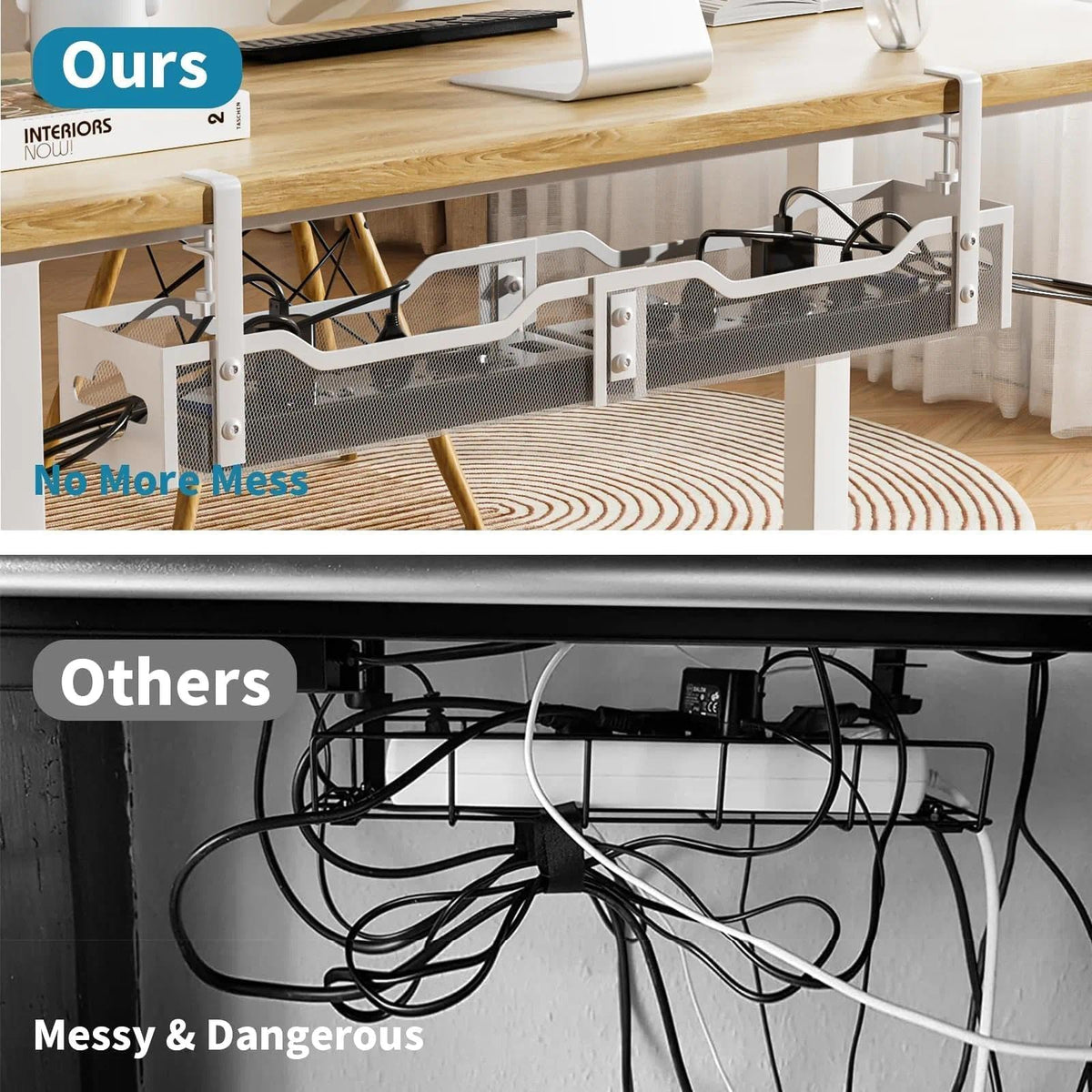 Under Desk Cable Management Tray 2 Pack, No Drill Cable Organizer With Clamp for Standing Desk, Easy to Install Cord Management System, No Damage Wire Organizer