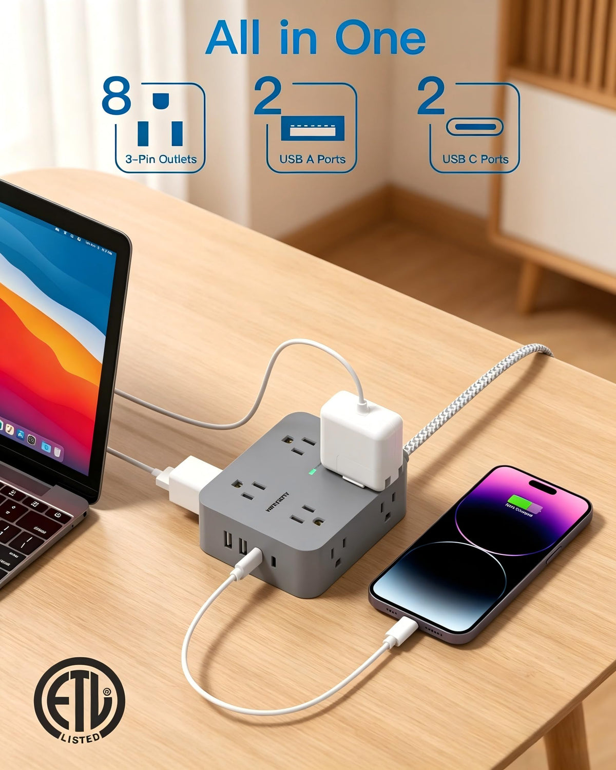HANYCONY Surge Protector Power Strip, 10 Ft Braided Extension Cord, 1080J