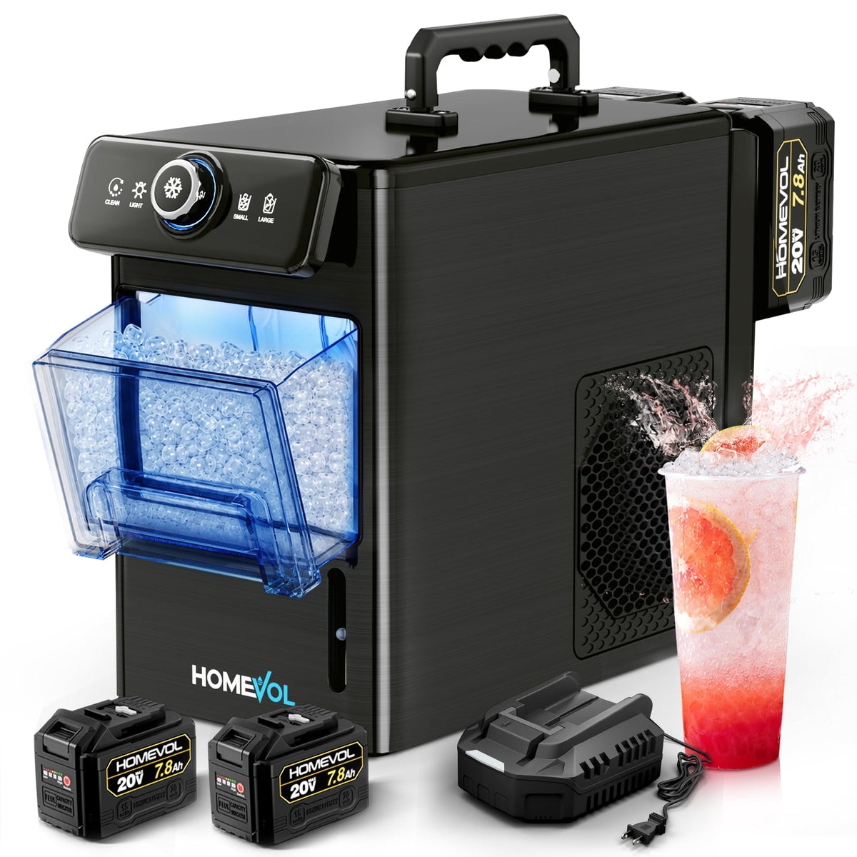 2 in 1 Cordless Countertop Ice Maker, Battery Powered Portable Countertop Ice Machine, 6-Minute Fast Ice Cubes with 2 Size, 40lbs Daily, 40dB Quiet, Self-Cleaning, 2 × 7.8Ah Battery, Stainless Steel