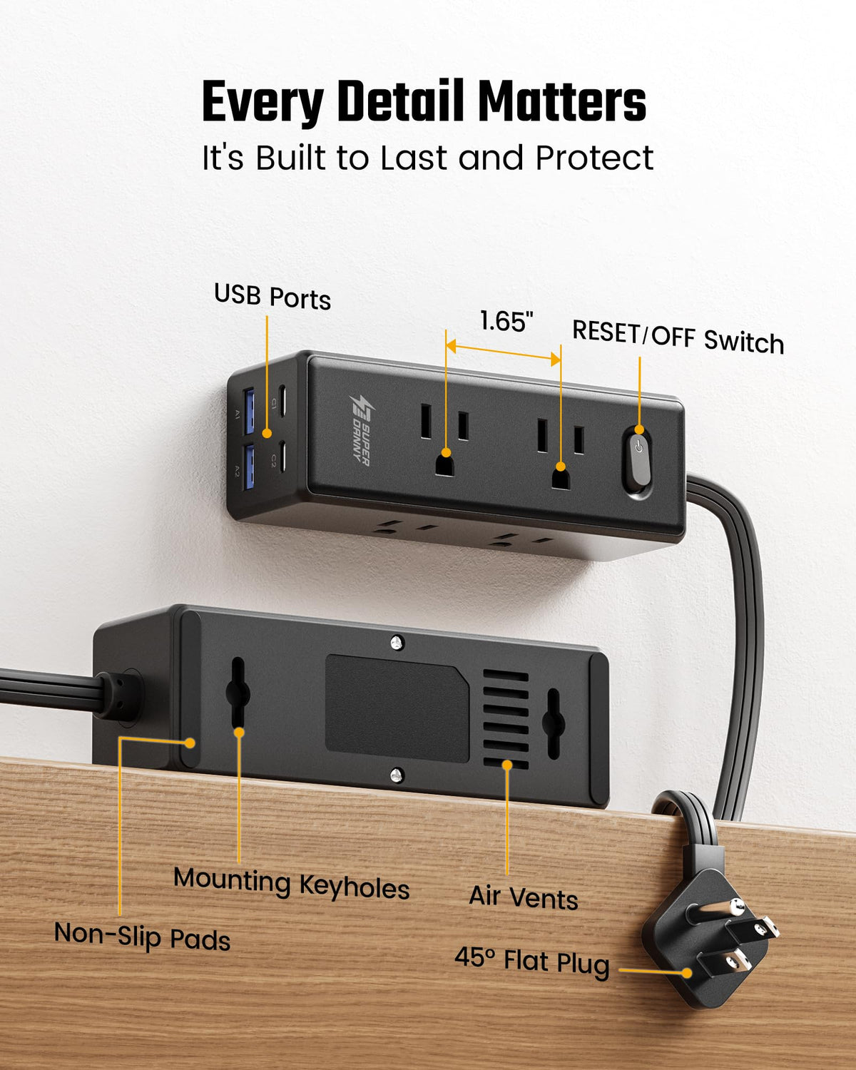 SUPERDANNY 15Ft Extension Cord with Multiple Outlets, Flat Plug Power Strip
