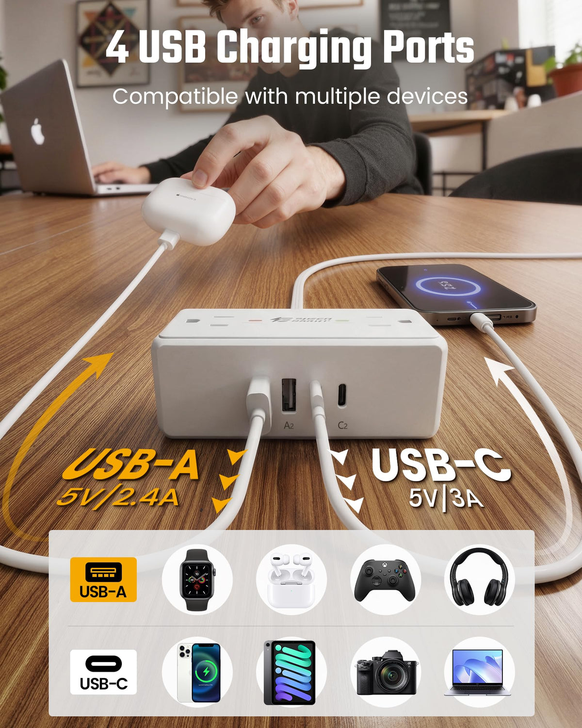 3Ft Short Extension Cord with Multiple Outlets, Surge Protector Power Strip