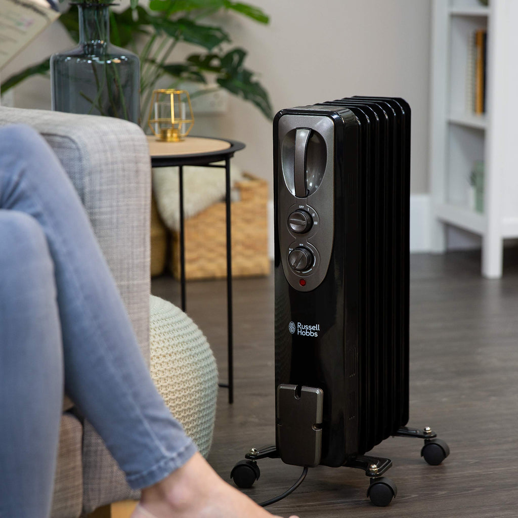 Russell Hobbs 2000W/2KW Oil Filled Radiator, 9 Fin Portable Electric Heater - White, Adjustable Thermostat with 3 Heat Settings, Safety Cut-off, 20 m sq Room Size, RHOFR5002, 2 Year Guarantee