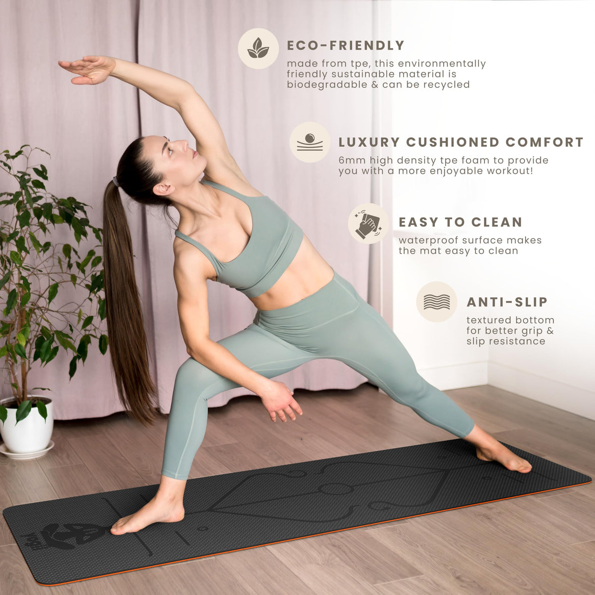 Yogii Yoga Mat - Non-Slip 6mm Thick TPE & Travel-friendly Yoga Mat - Perfect for Home & Gym Exercise Fitness & Pilates - With Laser Alignment Guides for Men & Women