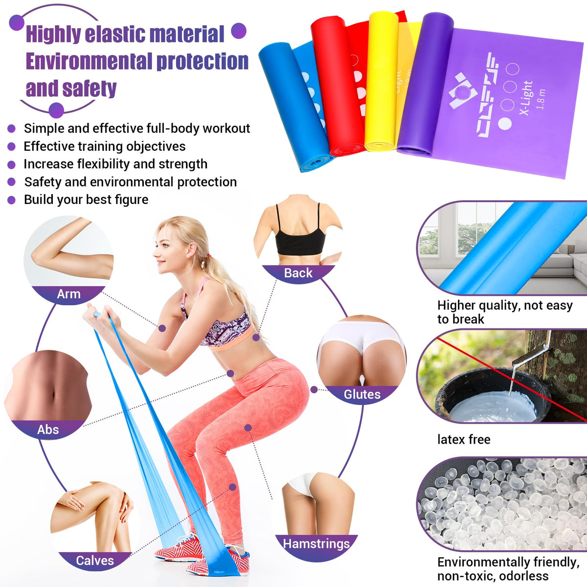 COFOF Resistance Bands, 1.8m/5.9ft Exercise Band with 4 Resistance Levels