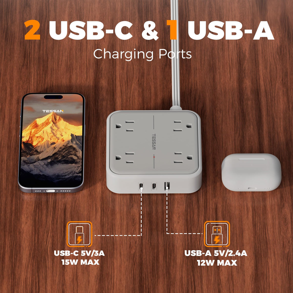 TESSAN PD 20W Surge Protector Extension Cord 5Ft, Flat Plug Power Strip