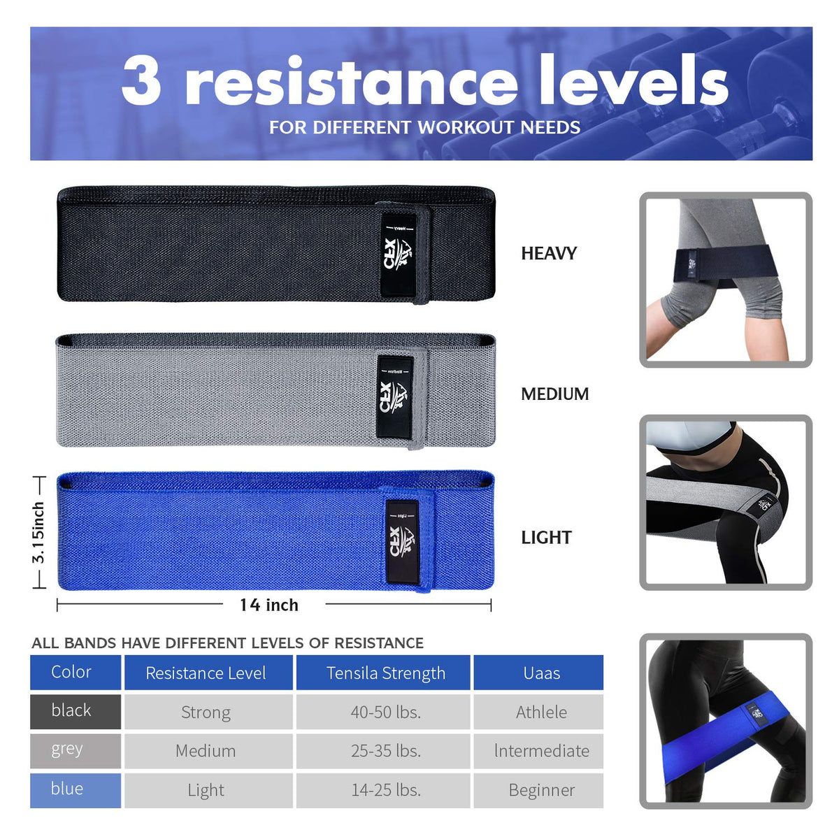 CFX Resistance Bands Set, Exercise Bands with Non-Slip Design for HIPS & Glutes, 3 Levels Workout Bands for Women and Men, Booty Bands for Home Fitness, Yoga, Pilates