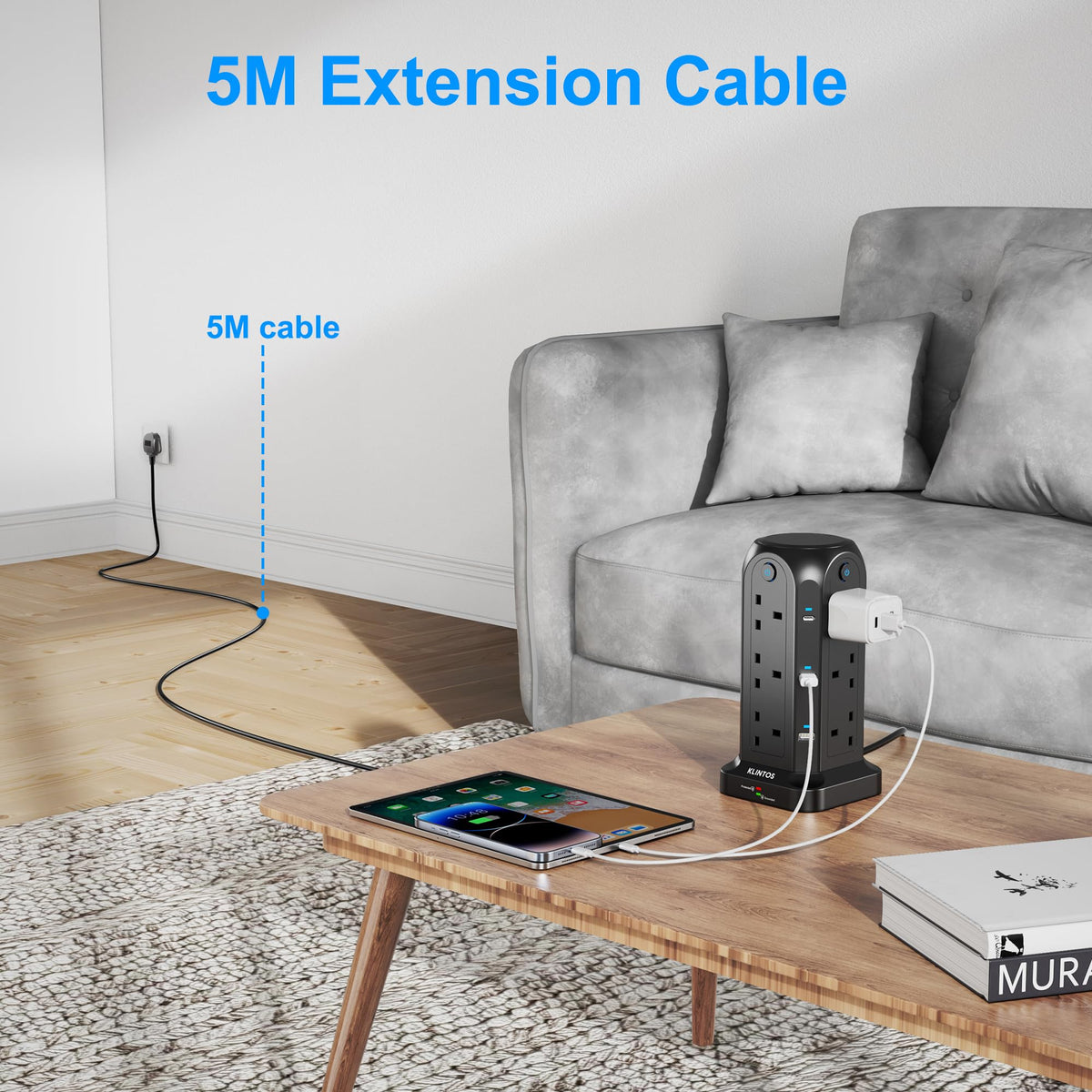 Tower Extension Lead 2M, 12 Way, 6 USB, 4 Independent Switches