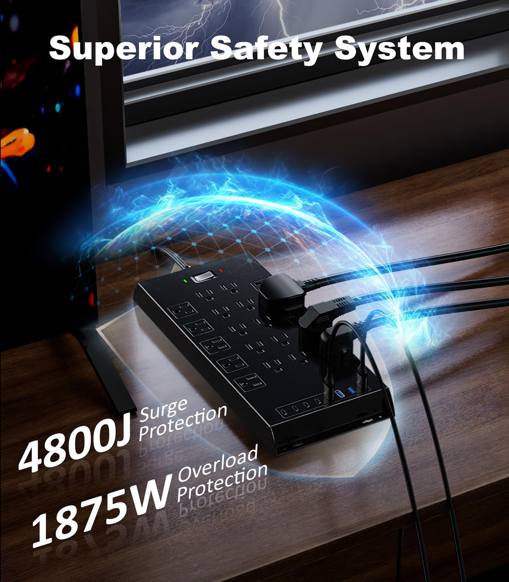 Surge Protector Power Strip 4800J, LeZone 10Ft Long Extension Cord Flat Plug, 20 Outlets 8 USB Ports(4 USB-C), Wall Mountable, Desk Charging Station, Black