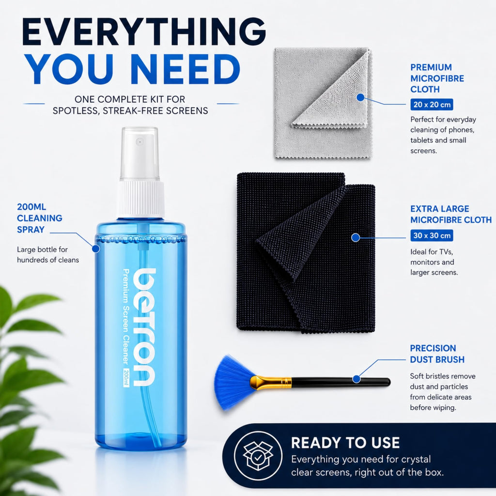Betron Screen Cleaner Spray Kit with Cloth for TV, Laptop, Monitor, 500ml
