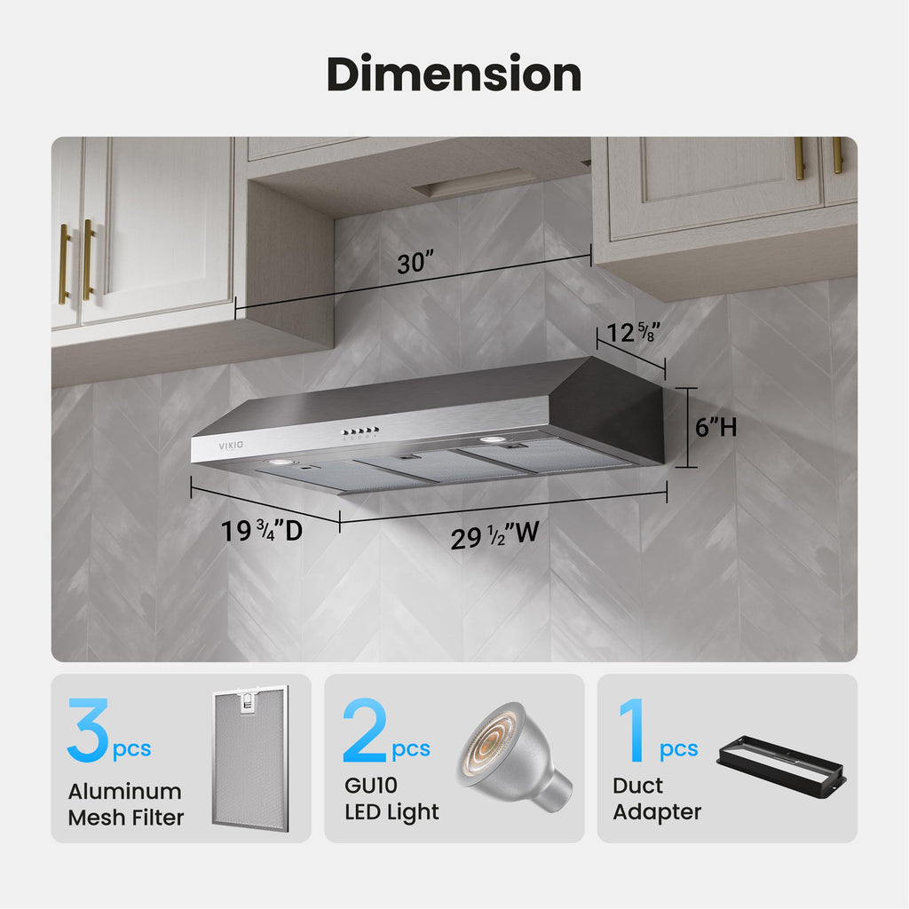 VIKIO HOME Under Cabinet Range Hood 30 Inch, 1200 CFM Dual-Motor Kitchen Vent with LED Lights, Button Control, Ducted Stainless Steel Vent Hood, Reusable 5-Layer Aluminum Filters, Black