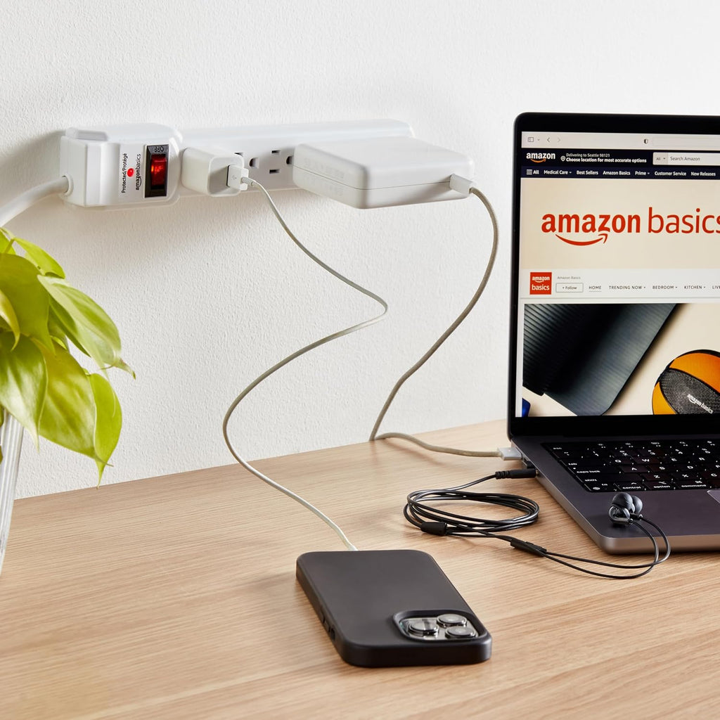 Amazon Basics Surge Protector Power Strip, 6-Outlet with 200J Protection, Circuit Breaker, LED Indicator, On/Off Switch, Wall-Mounting, 2ft Extension Cord, White, 2-Pack
