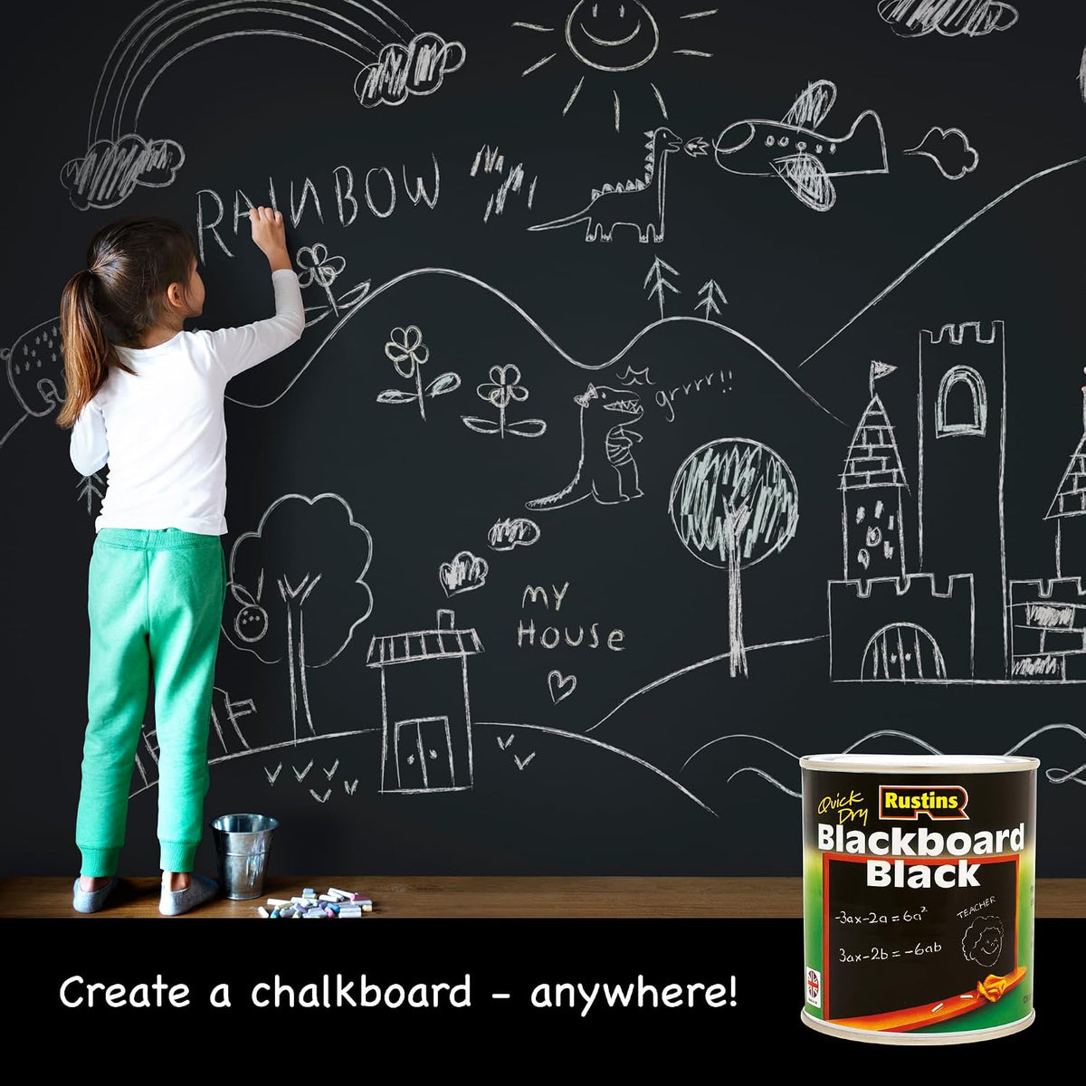 Rustins Blackboard Black 500ml– Quick Dry Matt Black Chalkboard Paint, Durable Writing Surface for Home, School & Office