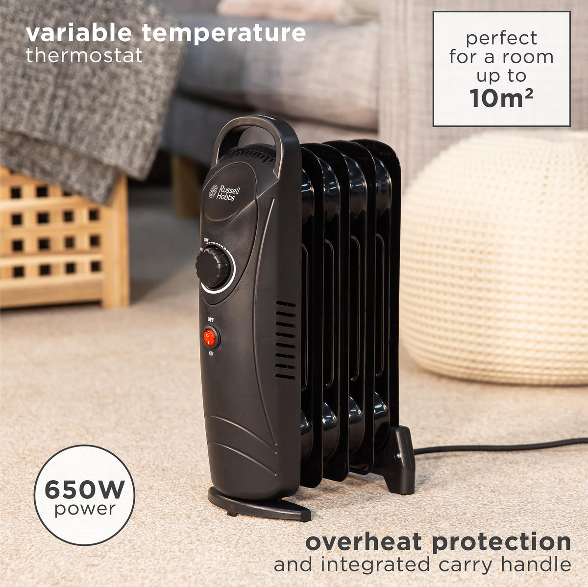 Russell Hobbs 2000W/2KW Oil Filled Radiator, 9 Fin Portable Electric Heater - White, Adjustable Thermostat with 3 Heat Settings, Safety Cut-off, 20 m sq Room Size, RHOFR5002, 2 Year Guarantee