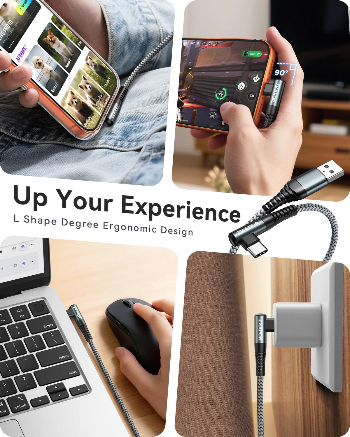ZKAPOR USB C Cable 1M, USB C Charger Cable Right Angle Fast Charging USB C