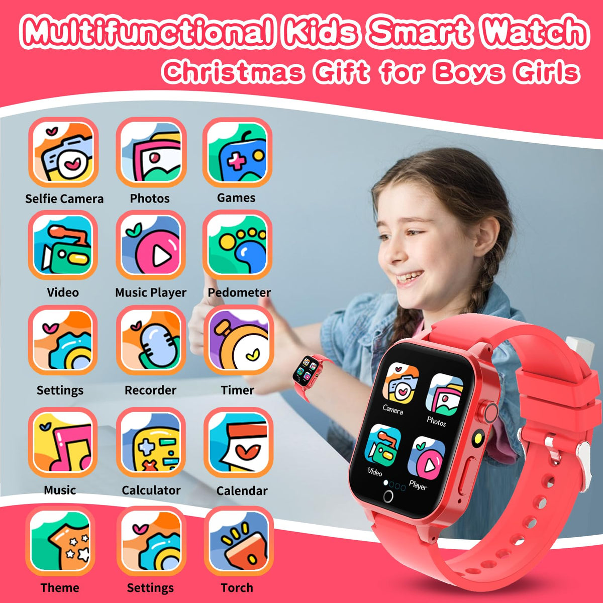Kids Smart Watches Girls Age 5-12, 26 Games High-Resolution Touchscreen Kids Watch with Video Camera Music Player Pedometer Flashlight 12/24 hr Educational Toys Birthday Gifts for Girls Ages 6 7 8