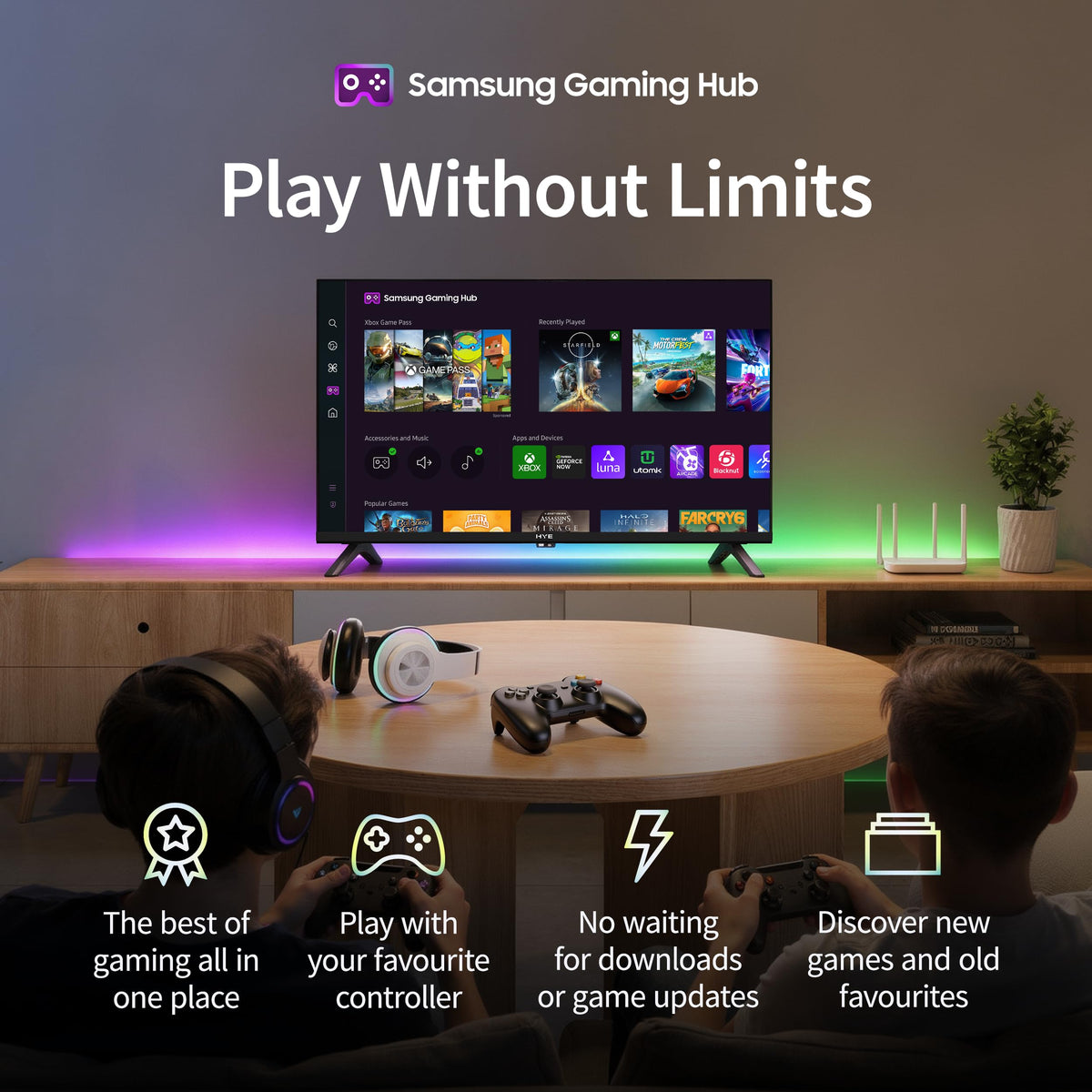 HYE 43" LED Smart TV - 4K Ultra HD, Samsung Tizen OS & Gaming Hub, Black