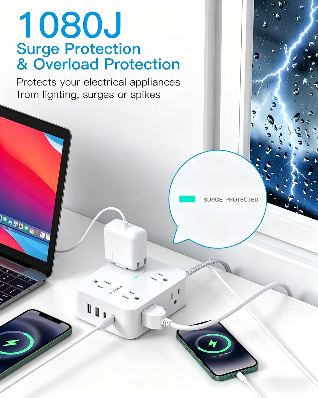 Extension Cord 10 Ft, Ultra Thin Flat Plug Power Strip Surge Protector