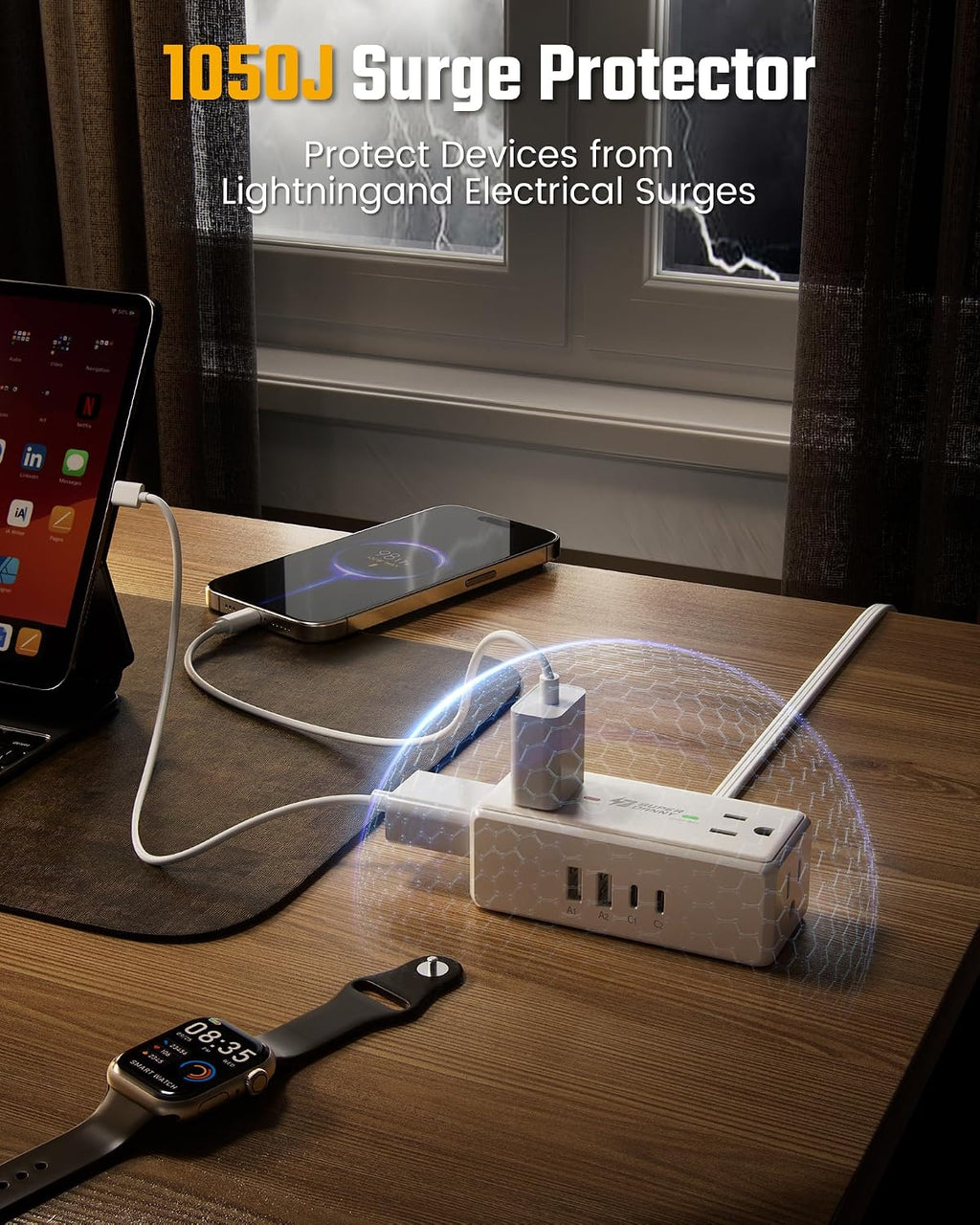 3Ft Short Extension Cord with Multiple Outlets, Surge Protector Power Strip