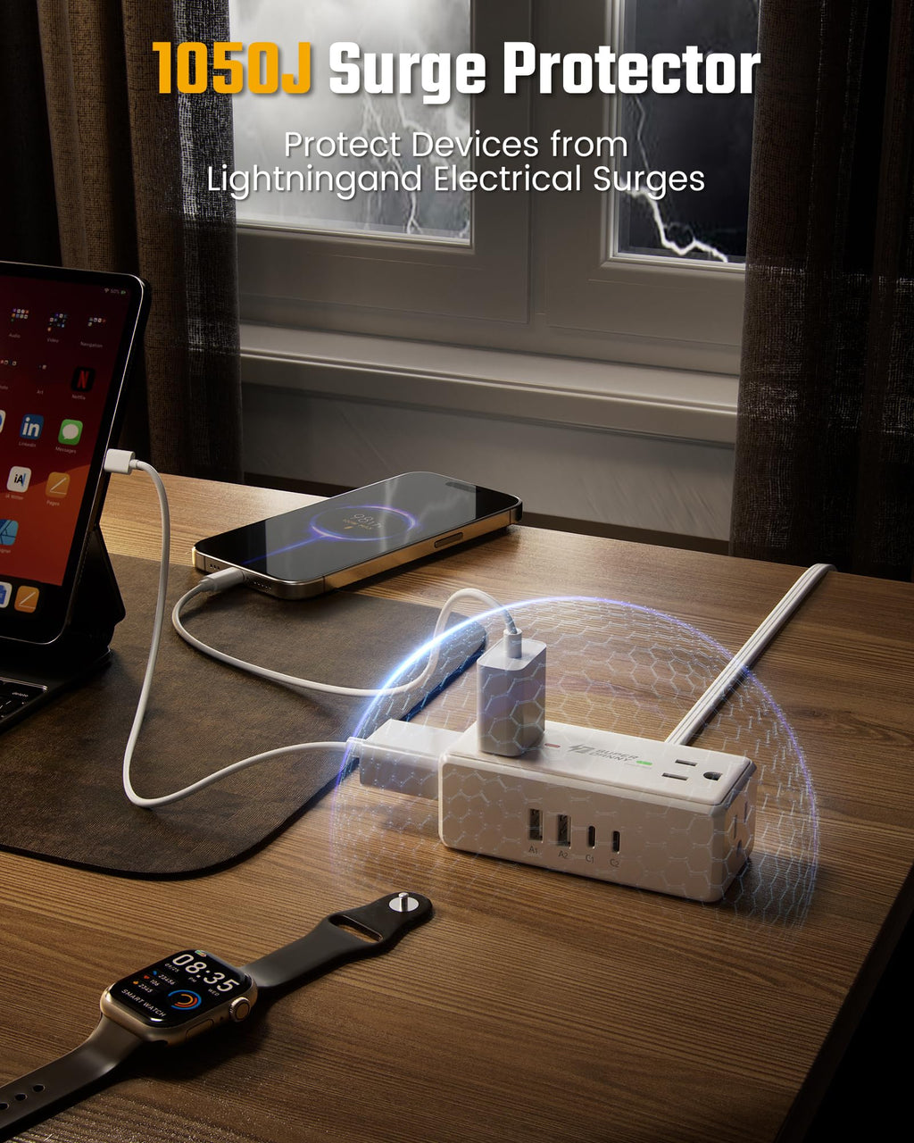 3Ft Short Extension Cord with Multiple Outlets, Surge Protector Power Strip