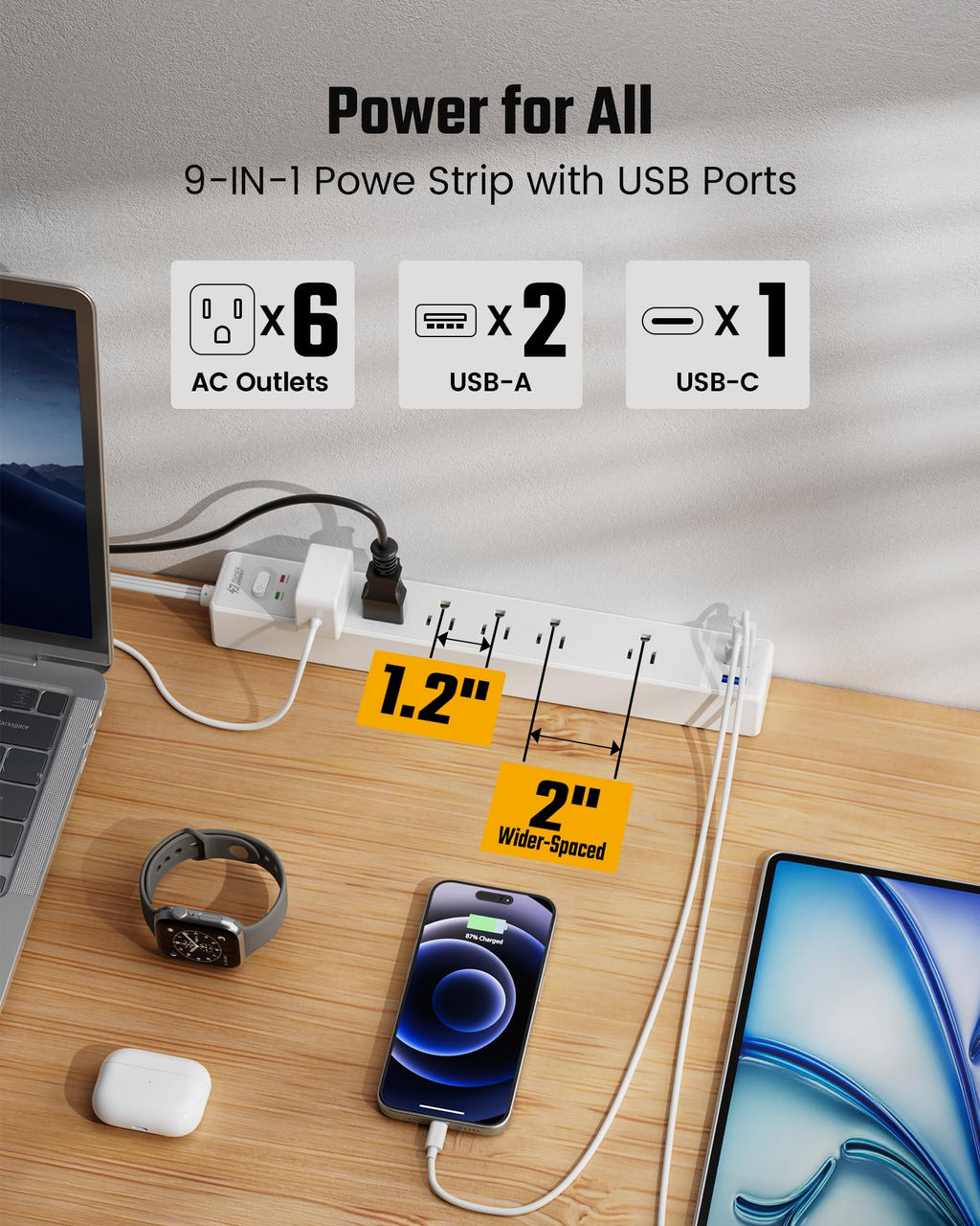 SUPERDANNY 6Ft Thin Extension Cord, Flat Plug Surge Protector Power Strip