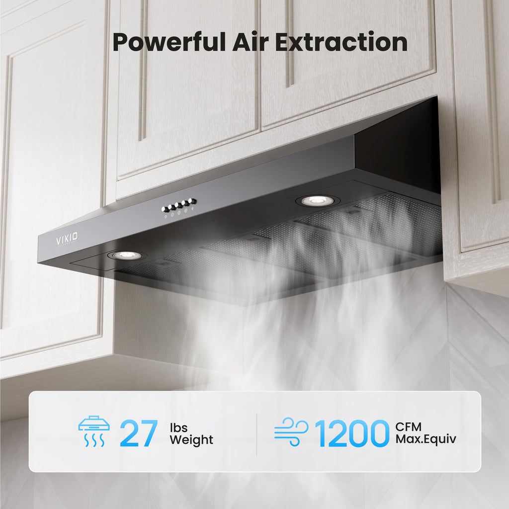 VIKIO HOME Under Cabinet Range Hood 30 Inch, 1200 CFM Dual-Motor Kitchen Vent with LED Lights, Button Control, Ducted Stainless Steel Vent Hood, Reusable 5-Layer Aluminum Filters, Black