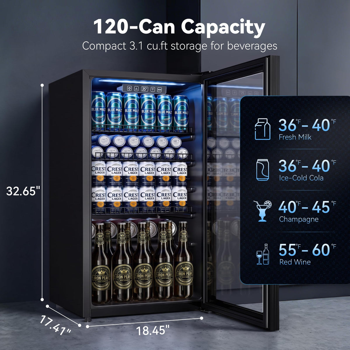 130 Can Beverage Refrigerator, 3.2 Cu.ft Fridge, Glass Door