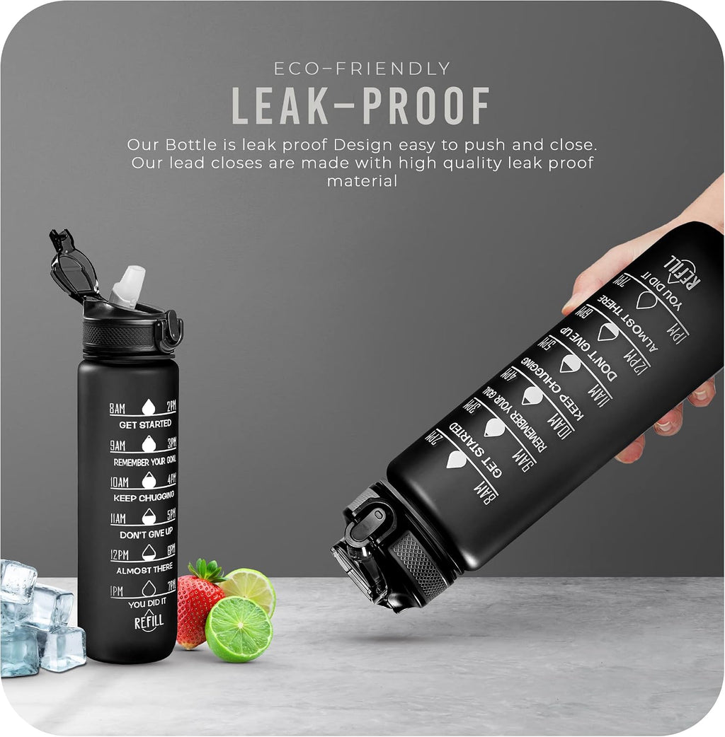 Roe Tenpo Sports Water Bottle with Straw and Time Marking, and 32OZ Capacity - Motivational and Eco-Friendly BPA-Free Bottle for Running, Gym, Yoga, Outdoors, and Camping (Style-1, Black)