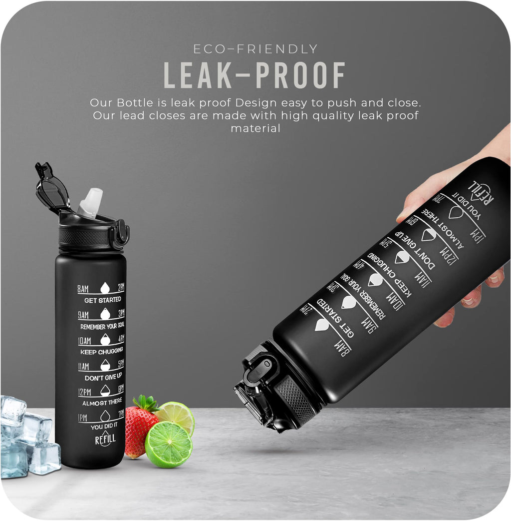 Roe Tenpo Sports Water Bottle with Straw and Time Marking, and 32OZ Capacity - Motivational and Eco-Friendly BPA-Free Bottle for Running, Gym, Yoga, Outdoors, and Camping (Style-1, Black)
