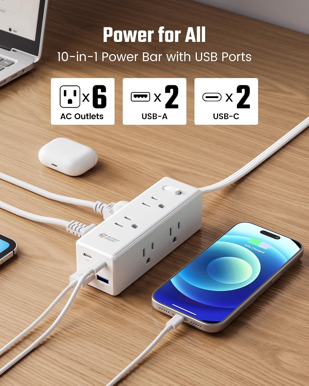 SUPERDANNY 15Ft Extension Cord with Multiple Outlets, Flat Plug Power Strip