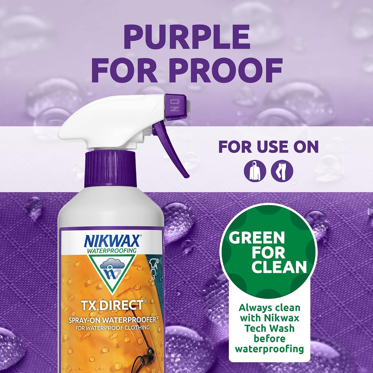Nikwax TX.DIRECT Spray-On Waterproofer 500ml, Powerful Waterproofing Spray For Outdoor Clothing, Restores Waterproof Treatment for Jackets and Wet Weather Clothing