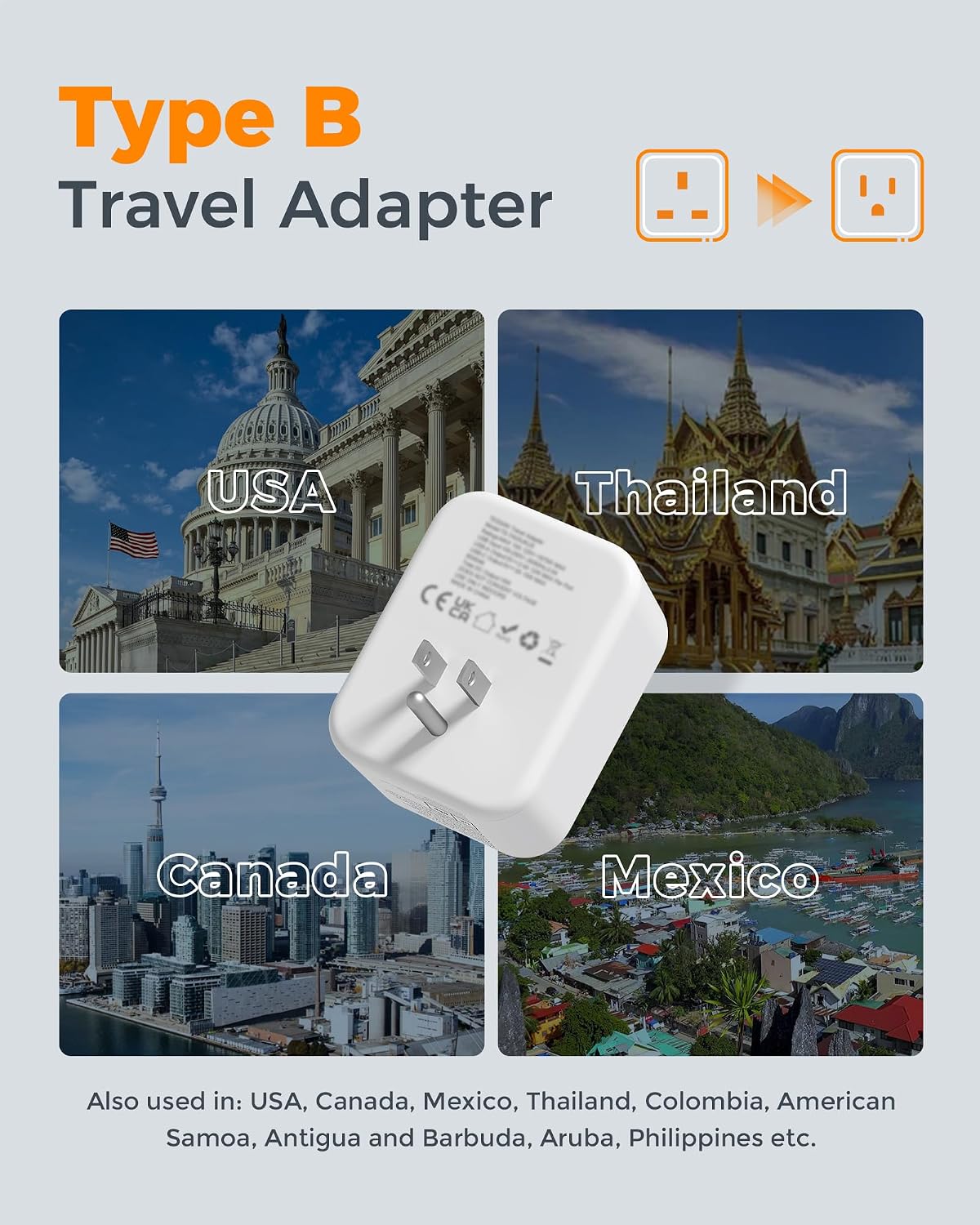 TESSAN UK to US Plug Adaptor 2 Pack, Type B USA Travel Adapter with USB C