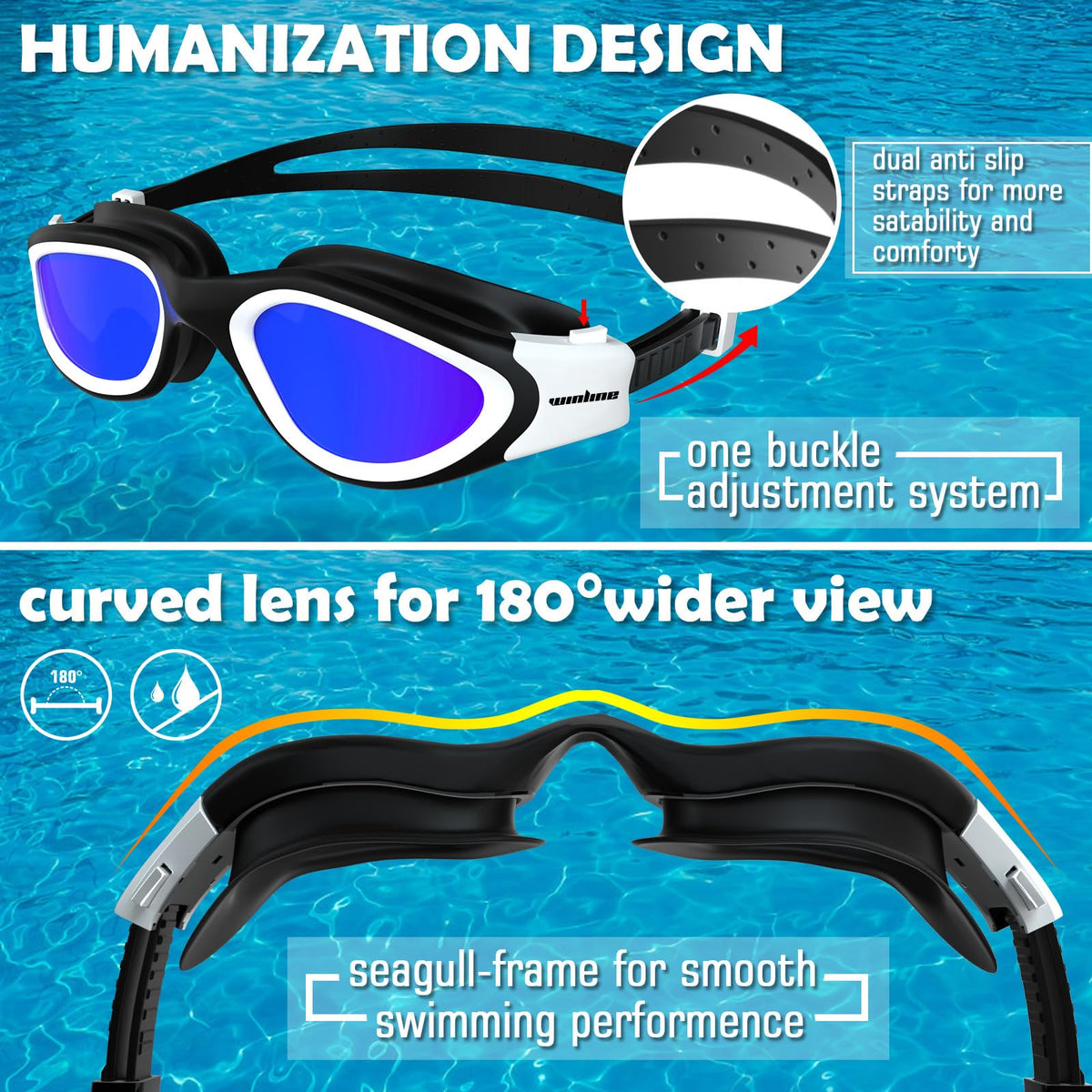 Winline Adult Swimming Goggles,Open Water Goggles Swimming Anti Fog UV Protection No Leakage Clear Vision Easy to Adjust for Adults Men Women Teenagers